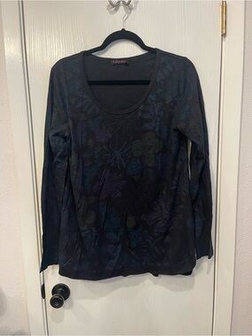 Fresh Produce Top Tee Black Multicolor Floral Leaf Print Long Sleeve Made in USA